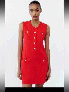 Zara red sleeveless knit mini dress featuring golden button detailing